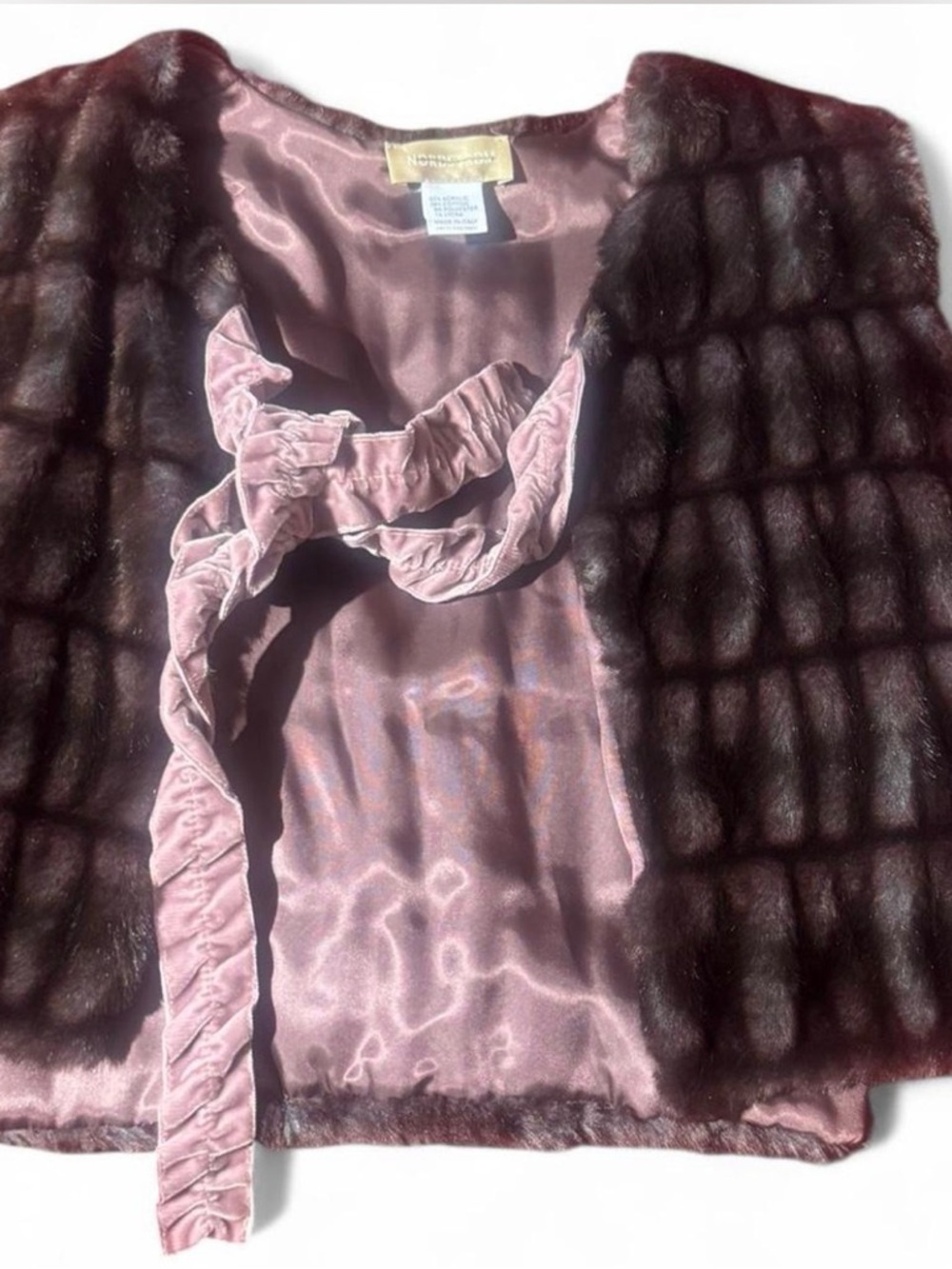Y2K Style Faux Fur Vest Brown Pink Satin Tie Front Cropped Boho Italy